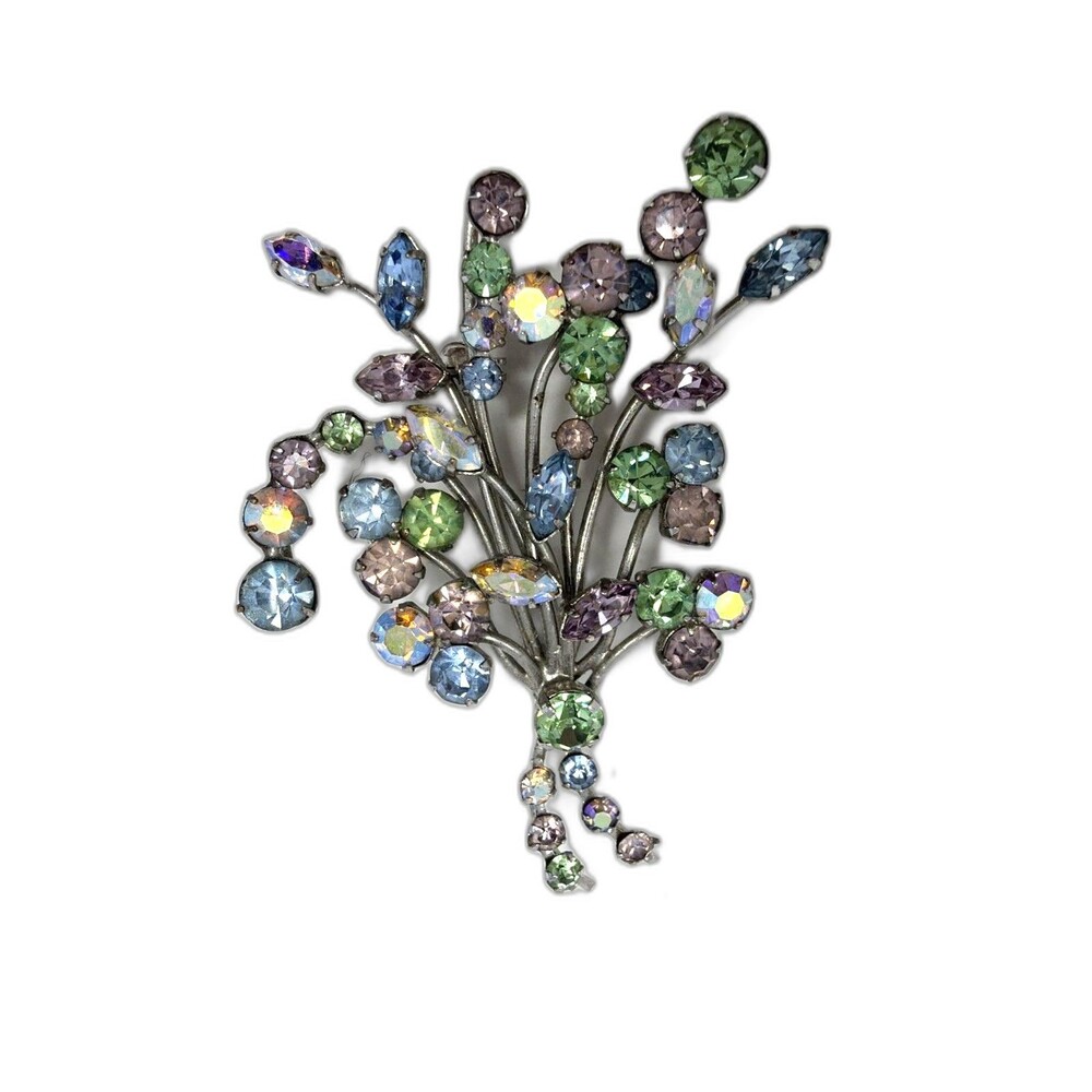 Vintage Austria Rhinestone Flower Spray Brooch Pastel AB Crystal Silver Tone